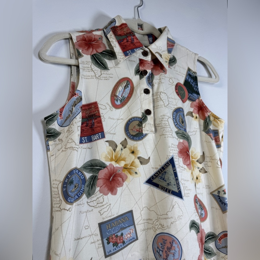Vintage ‘90s Caribbean Joe Island Novelty Print Collared Sleeveless Mini Dress